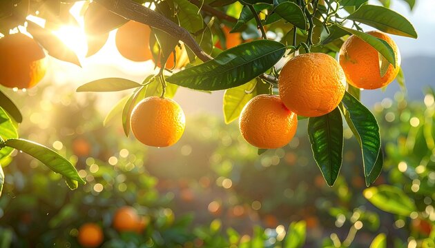 Close up of ripe oranges hanging on a tree branch glistening with water droplets during a golden sunset in a citrus grove
