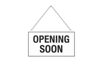 Wooden sign with the words opening soon hanging on chains isolated on transparent background