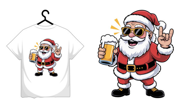 Cartoon santa claus with beer mug on tshirt for christmas celebration