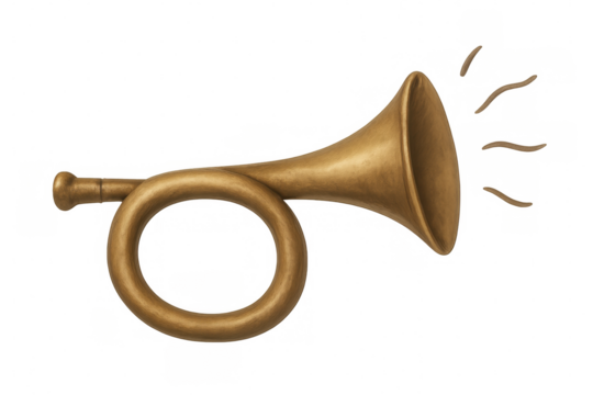 Golden brass horn producing musical sound waves, announcing special event, vintage bugle or trumpet with transparent background