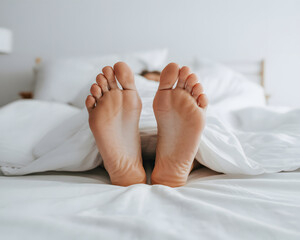 Relaxed morning vibes with feet peeking out from under crisp white sheets in a cozy bed, perfect for sleep, wellness, and lifestyle content