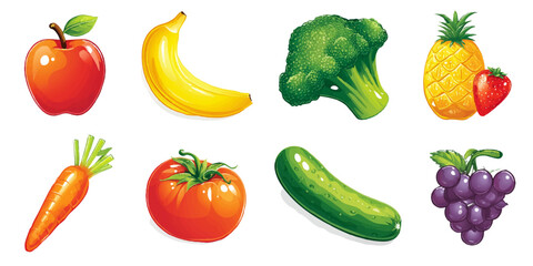 Collection of fresh fruits and vegetables featuring apple banana broccoli pineapple carrot tomato cucumber grapes isolated on transparent background