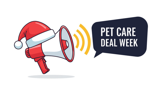 Festive pet care deal announcement with santa hat megaphone