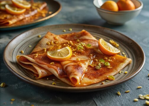 Thin delicate crepes suzette on a plate with golden syrup drizzle and citrus zest scattered around