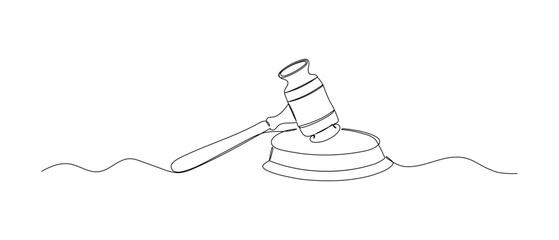 Law hammer one continuous line illustration. Judge doodle sketch. Hand drawn vector icon isolated on white background.