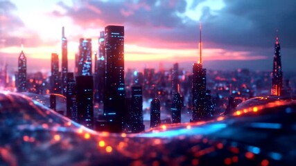 Dystopian digital cityscape at dusk featuring glowing data waves - Powered by Adobe