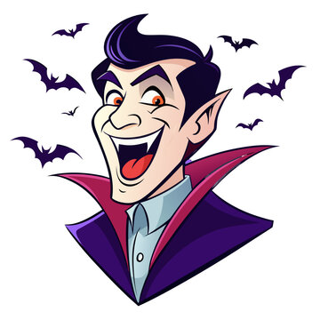 Cartoon Dracula with bats laughing on a black background