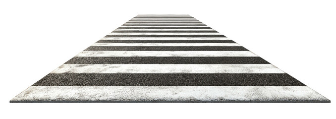 A perspective view of a crosswalk against a black background, showcasing white stripes