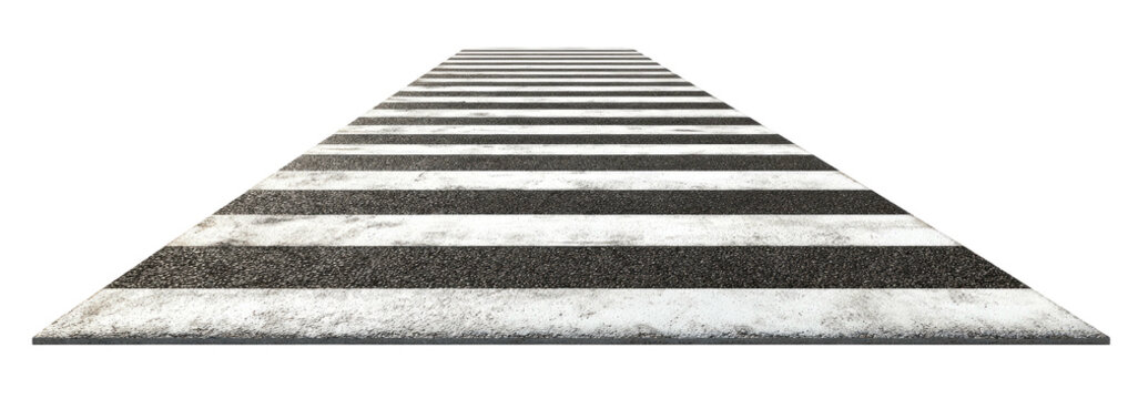 A perspective view of a crosswalk against a black background, showcasing white stripes