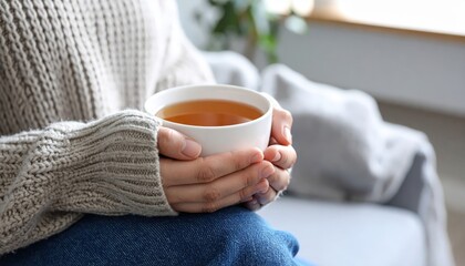 Cozy moment with warm tea in hands, perfect for comfort, relaxation, and self-care in a peaceful home setting, ideal for lifestyle branding