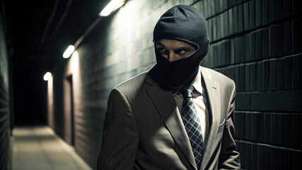 Dark criminal wearing a black mask and a suit is a thief 