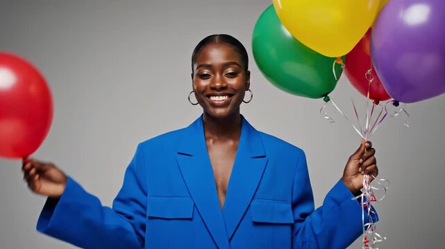 Stylish woman lets a balloon go and smiles joyfully