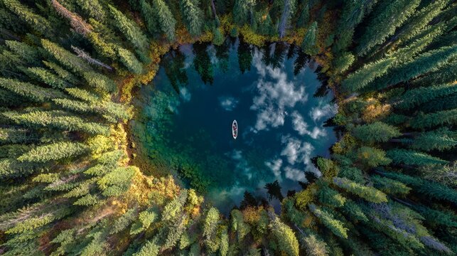 Aerial view of a serene lake surrounded by a dense, circular forest, with a small boat in the center, reflecting the sky - Powered by Adobe