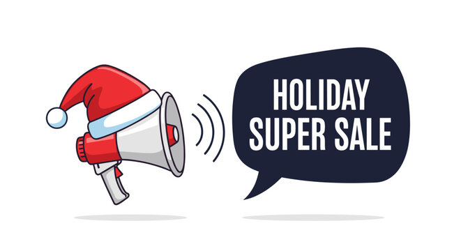 Festive megaphone promotion with santa hat for holiday super sale announcement