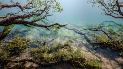 Fototapeta premium Serene water scene showcasing submerged vegetation and tree branches reaching across the surface with blurred sky