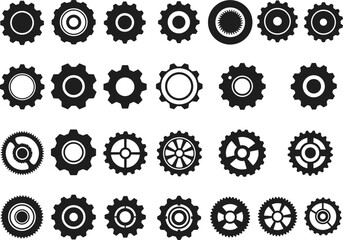 Set of mechanical gear icons, industrial cogwheel design, engineering wheel collection, machine parts illustration, vector technology symbols, black gear shapes