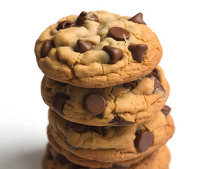 Indulge in a stack of delicious chocolate chip cookies, perfect for baking promotions, sweet treat ads, or simply satisfying your dessert cravings