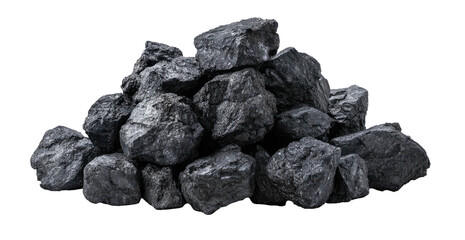 Fototapeta premium Pile of irregular, dark-gray rocks stacked together, isolated against a solid black backdrop