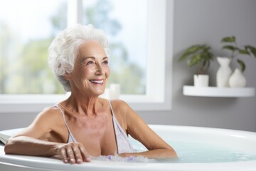 Joyful elderly woman enjoying a relaxing spa experience in a luxurious bath setting