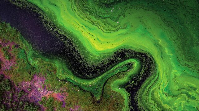 Abstract aerial view of algal bloom in river, a mix of green, black, purple colors