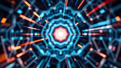 Abstract geometric patterns and light trails in modern tech aesthetic.