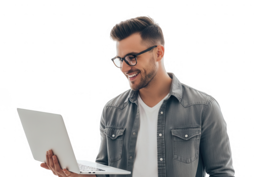 A smiling man wearing glasses a denim shirt, holding a laptop, isolated on transparent background