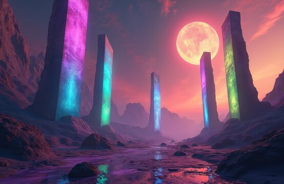 Tall, colorful glowing pillars rise from alien desert valley floor. Huge red full moon hangs low in vibrant pink, purple surreal sky. Wet ground mirrors luminous neon light. Strange rock formations