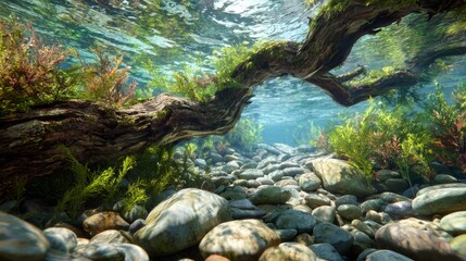 Obraz premium Underwater view a sunlit creek bed with smooth stones, a submerged log, and lush green & red aquatic plants