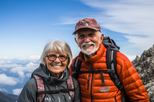 Senior couple in their 60s engaging in full length climbing adventure amongst mountain peaks - Powered by Adobe