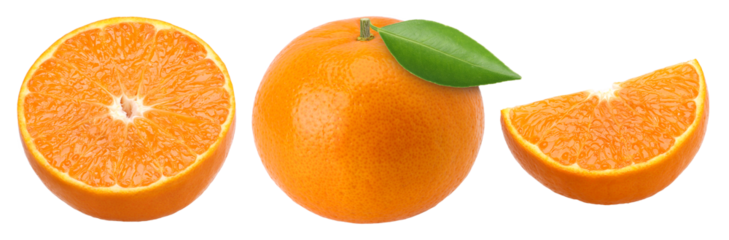Orange fruit with leaves (Mandarin orange), slices and half isolated, transparent PNG, collection, PNG format, cut out