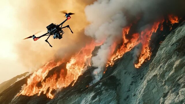 A helicopter is seen flying near a fire with smoke and flames visible