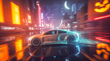 Transparent ghost car speeding through neon streets, glowing headlights, holographic reflections