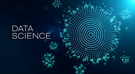 Abstract visualization of data science with glowing blue particles forming a circular pattern and text on a dark blue background.