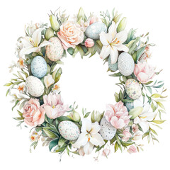 Floral wreath featuring pastel-colored eggs and delicate blooms, perfect for spring celebrations and seasonal decorations with copy space. Isolated on transparent background.