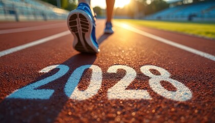 Runners shoe on track marked with 2028. Athlete moves towards future goals, symbolizing preparation and ambition for upcoming events or personal bests in sport.