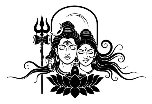 Lord Shiva and Parvati vector portrait for Maha Shivaratri Hindu god and goddess couple on lotus