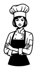 Female chef portrait vector logo. Woman cook in uniform for restaurant or bakery mascot
