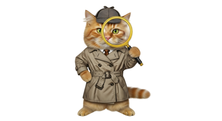 Adorable ginger cat detective is on the case wearing a trench coat and magnifying glass, perfect for mystery, humor, or playful detective themes