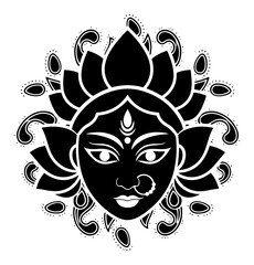 Durga Goddess Face Icon with Lotus Petals Sacred Hindu Festival Illustration Black and White Vector