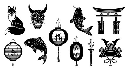 Japanese culture symbols vector icon set with kitsune fox hannya mask koi fish and torii gate