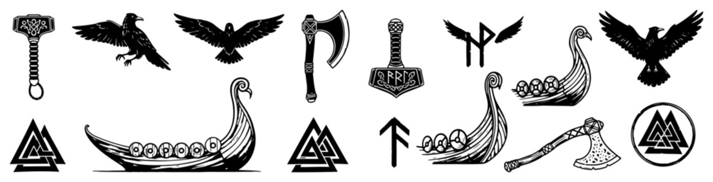 Viking symbols vector icon set Norse mythology collection with drakkar ship Mjolnir hammer and raven