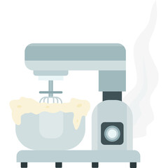 Light Blue Stand Mixer With Whisk Attachment Creates Frothy Batter With Steam Rising In A Kitchen Setting