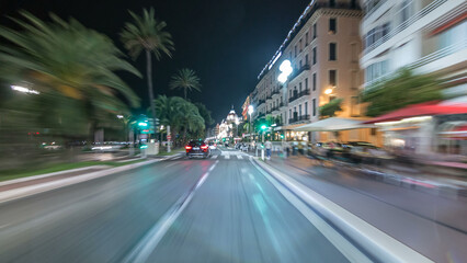Driving on the night streets in Nice timelapse hyperlapse drivelapse, France.