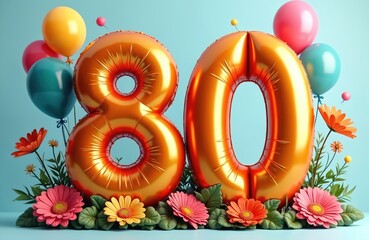 Giant orange number balloons spell out eighty. Colorful balloons and gerbera daisies surround festive party decoration. Great for 80th birthday invitations or cards.