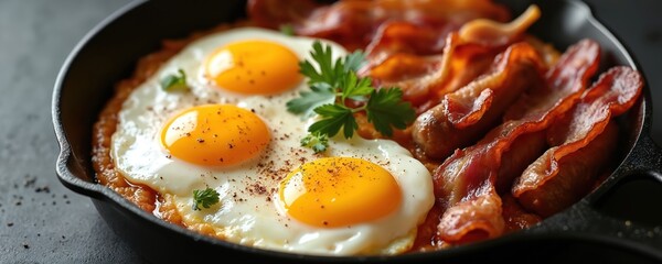 Hearty skillet breakfast with fried eggs, crispy bacon strips, and savory sausages. Fresh parsley garnish adds color to this delicious morning meal.