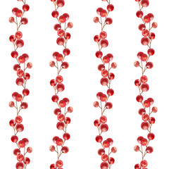 Christmas festive seamless pattern with red berries stem watercolor illustration. Hand drawn New Year festive background with floral elements for gift wrapping, seasonal textile design
