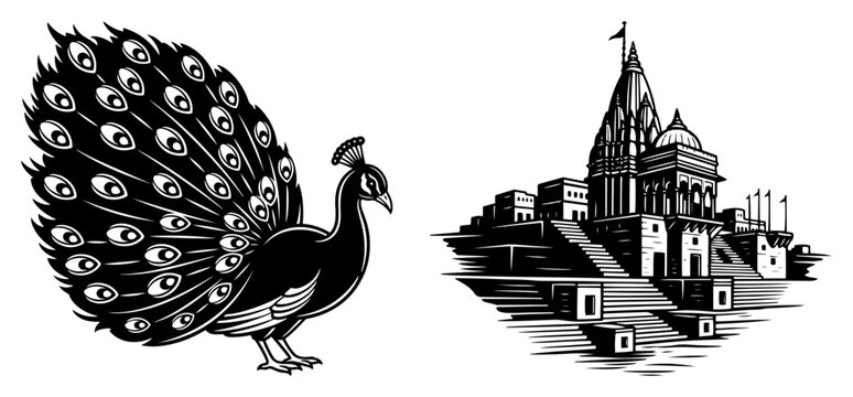 Indian Culture Symbols Vector Set. Peacock Bird and Hindu Temple on Varanasi Ghats