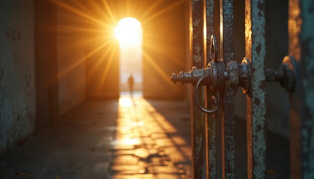 Open prison gate casts long shadows as person walks toward bright sunlight. Symbolizing freedom hope and new beginnings for reform redemption and a fresh life path.