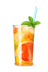 Glass of cold tea with grapefruit slices and mint leaves on white background