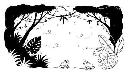 Fototapeta premium Jungle frame with tropical plants and frogs. Vector nature border for kids illustration